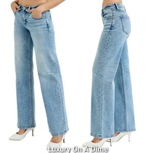 RISEN Low-Rise Waist Distressed Boyfriend Jeans Wide Leg Ankle Hem Denim Pants